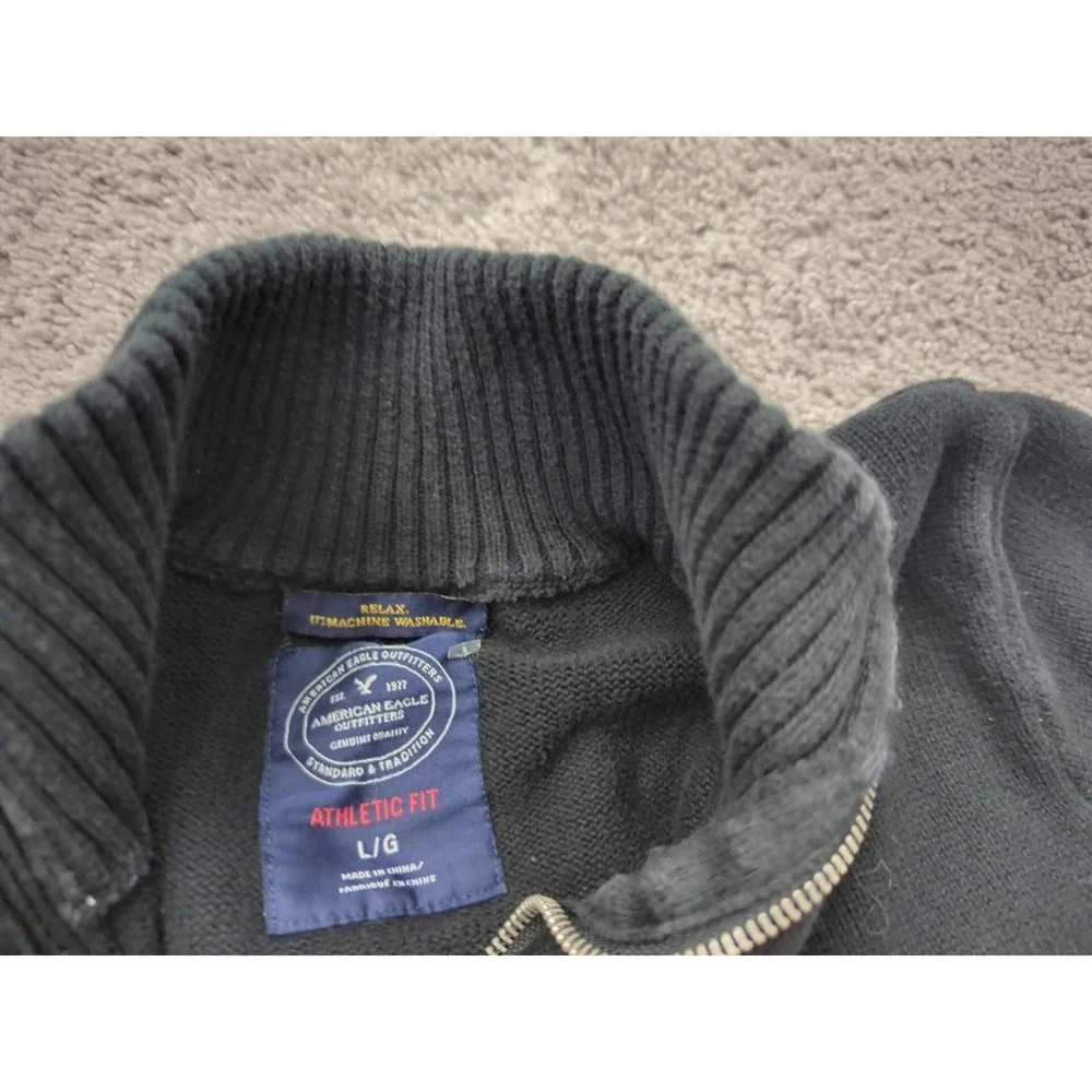 American Eagle Sweater Mens M Black Striped Pullover 1/4 Zip Knit‎ Athletic Fit
